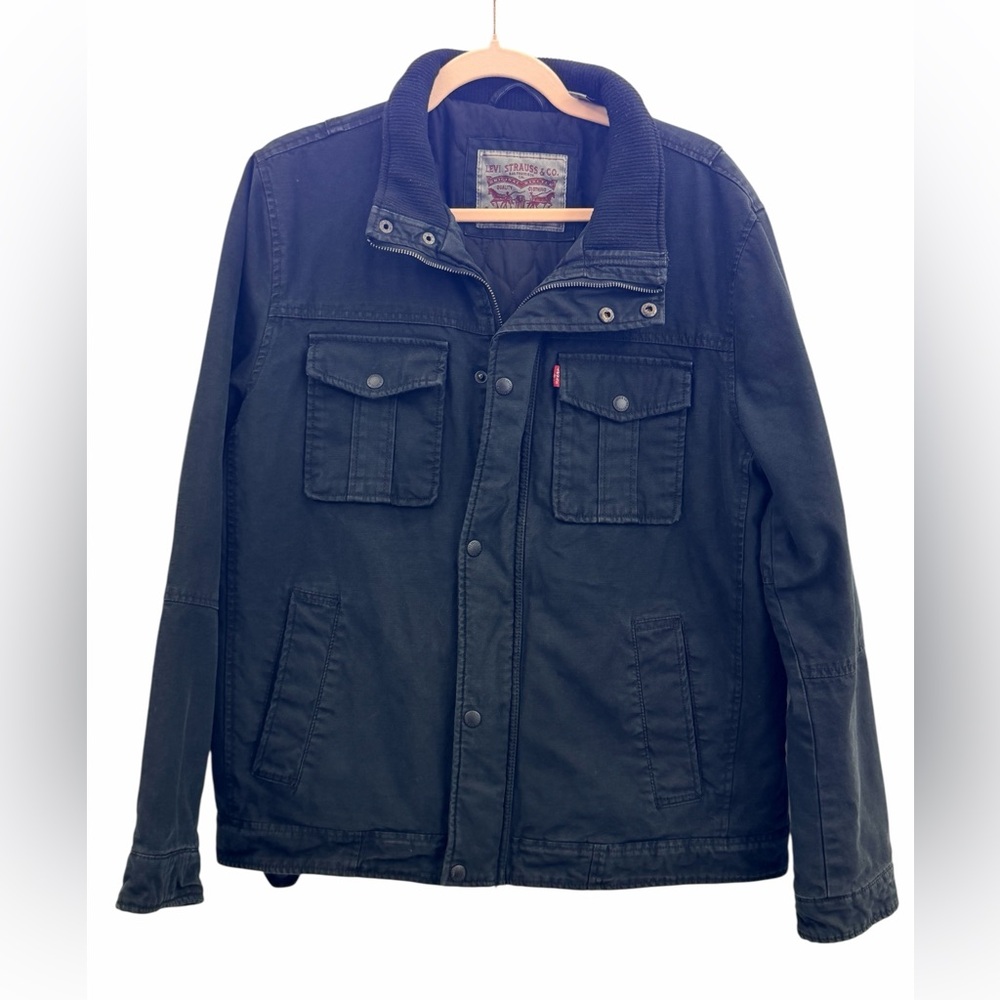 Levi’s Men’s Utility Jacket Black Military Field Coat Midweight Button Zip Large
